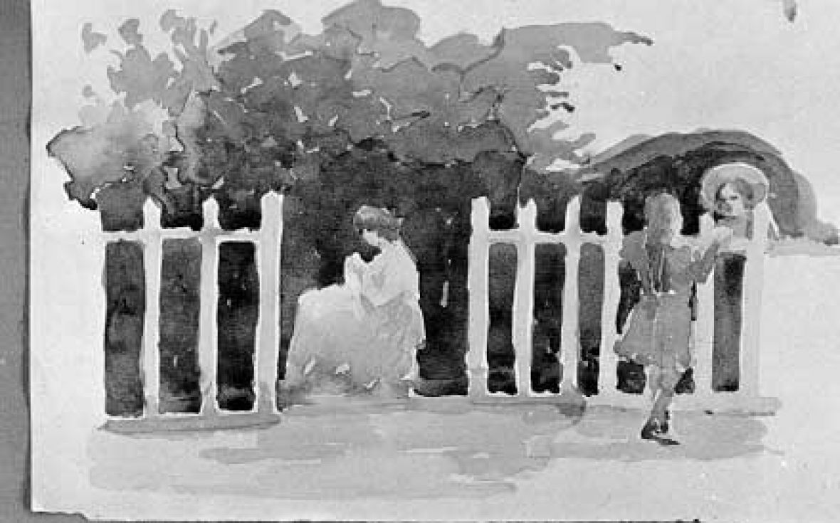 Studio: figura femminile e bimbe in un giardino