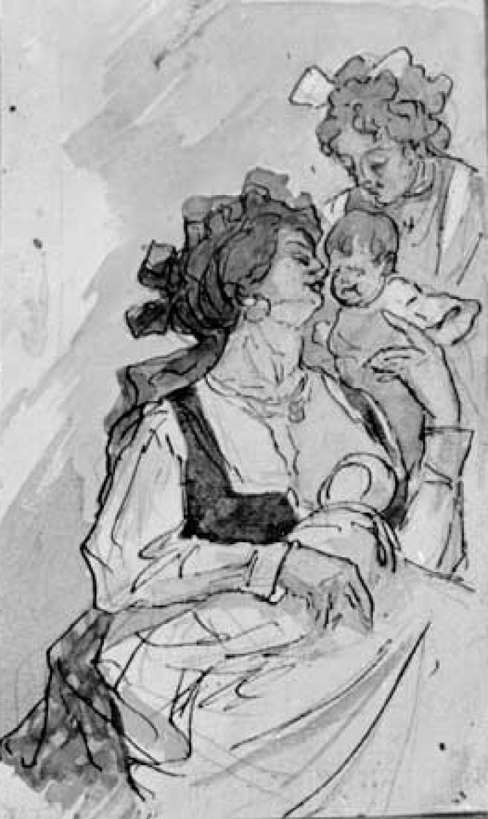 Studio: figura di madre con due bimbi e bambinaia