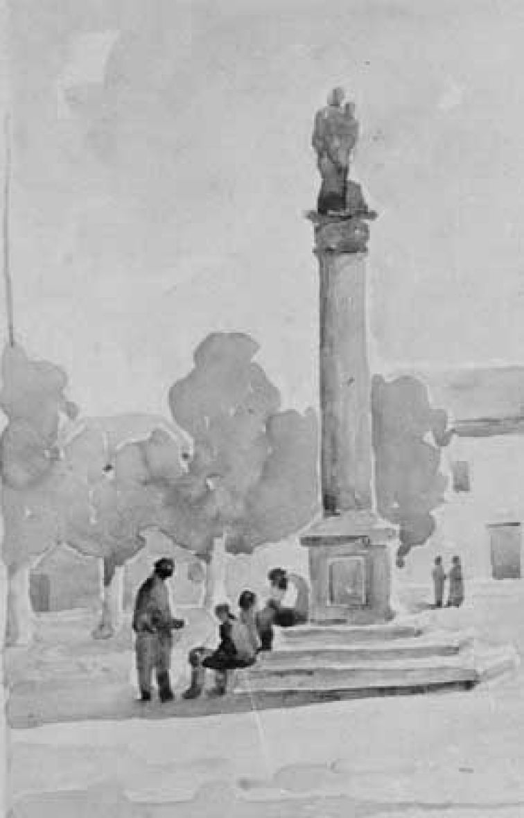 Studio: veduta di piazza con monumento e figure